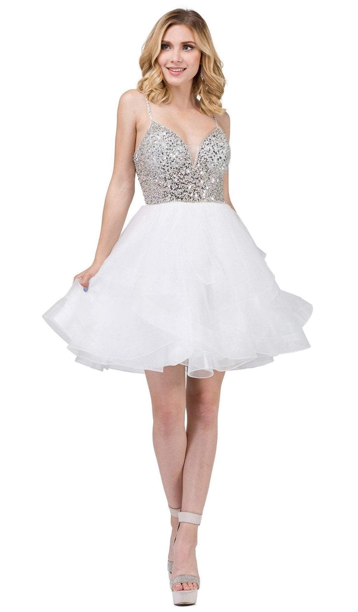 Dancing Queen - 3050 Bejeweled V-neck Tiered A-line Homecoming Dress in White