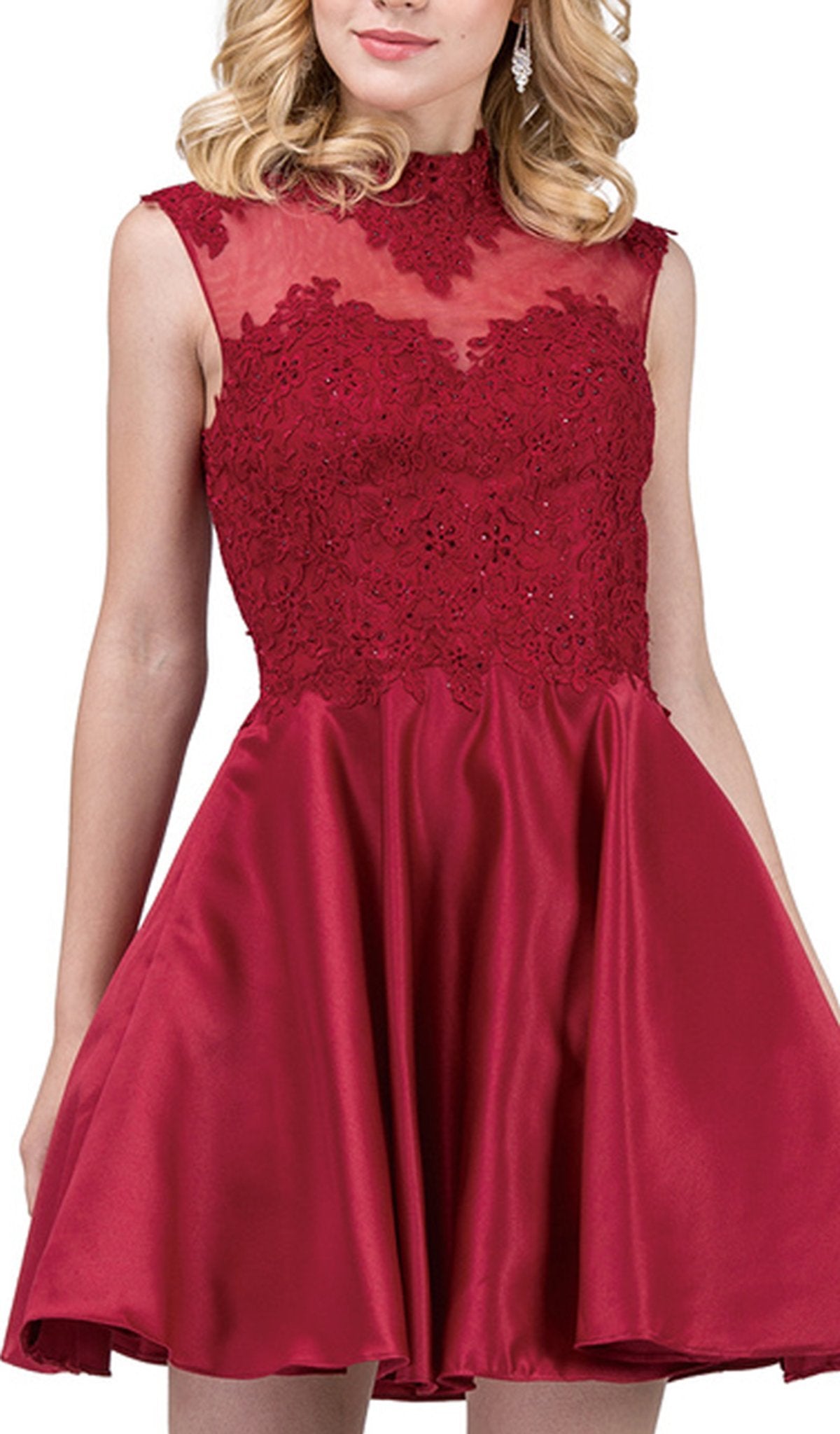 Dancing Queen - 3069 Appliqued Illusion High Neck Homecoming Dress in Red