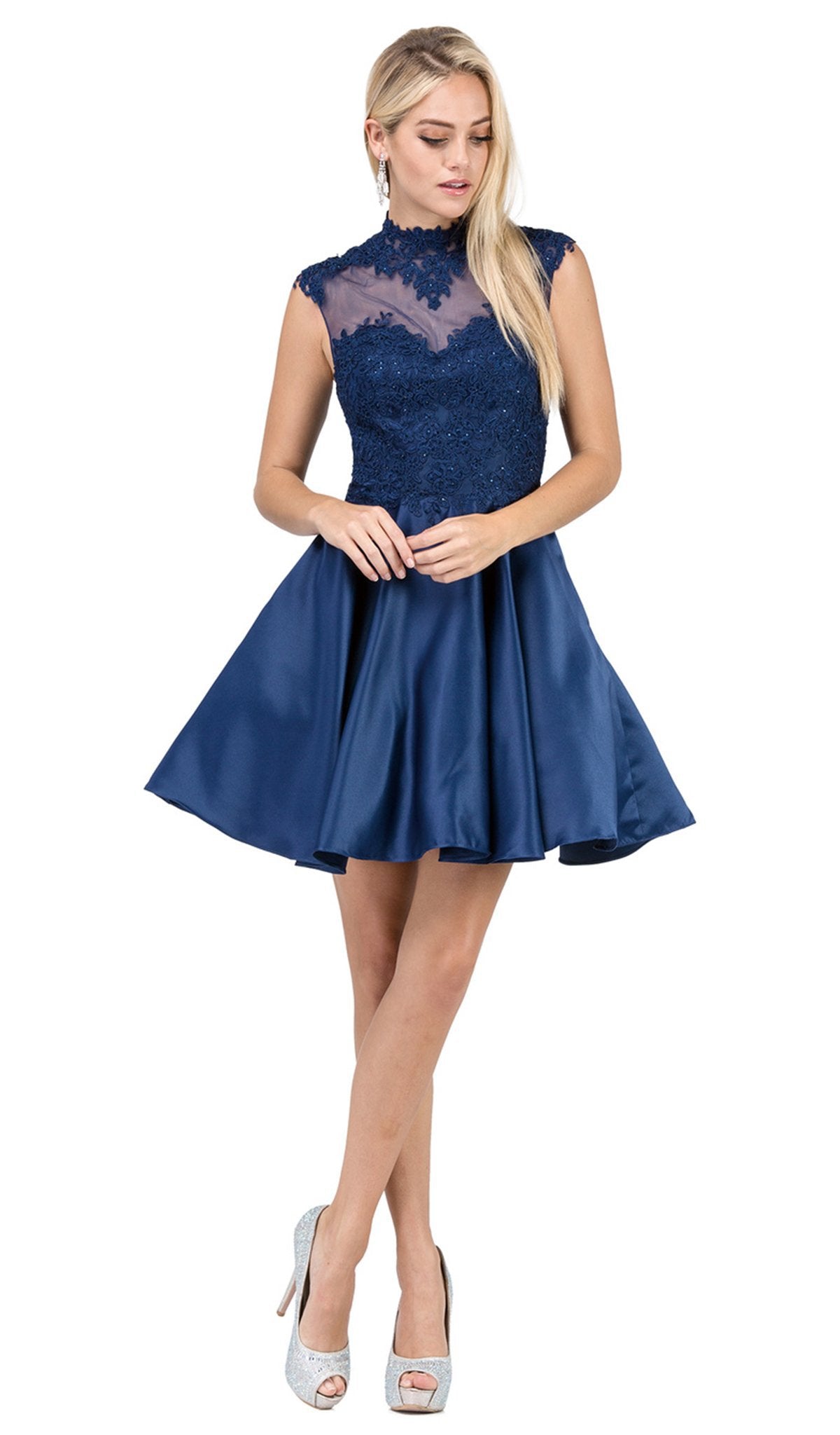 Dancing Queen - 3069 Appliqued Illusion High Neck Homecoming Dress in Blue