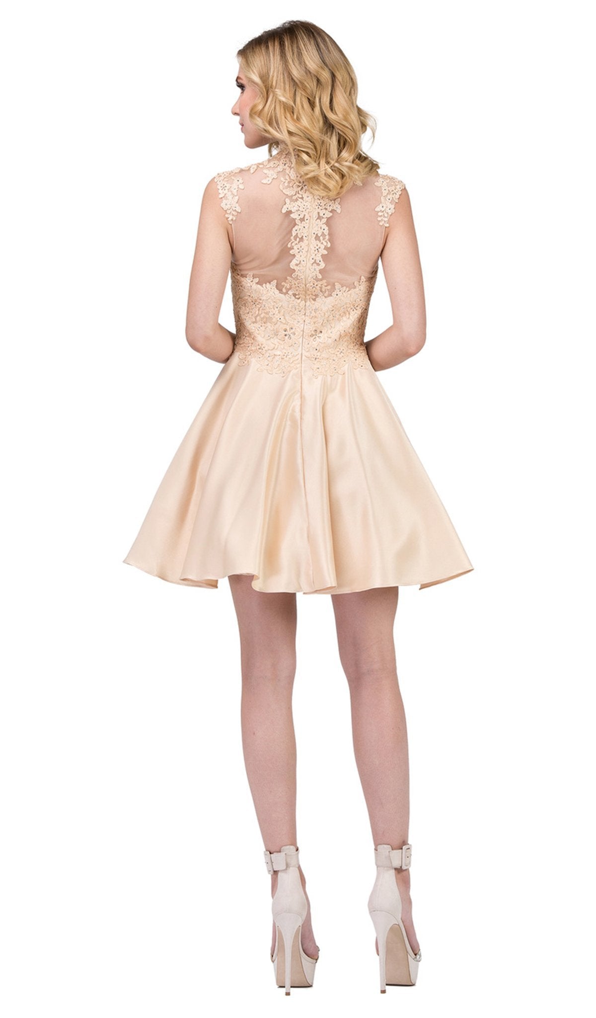 Dancing Queen - 3069 Appliqued Illusion High Neck Homecoming Dress in Neutral