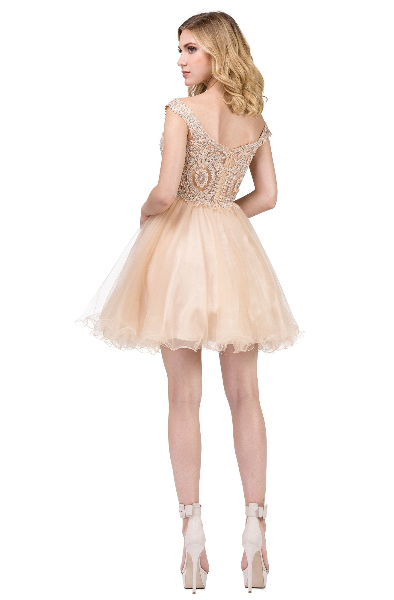 Dancing Queen - 3070 Beaded Lace Fit And Flare Cocktail Dress In Neutral and Yellow