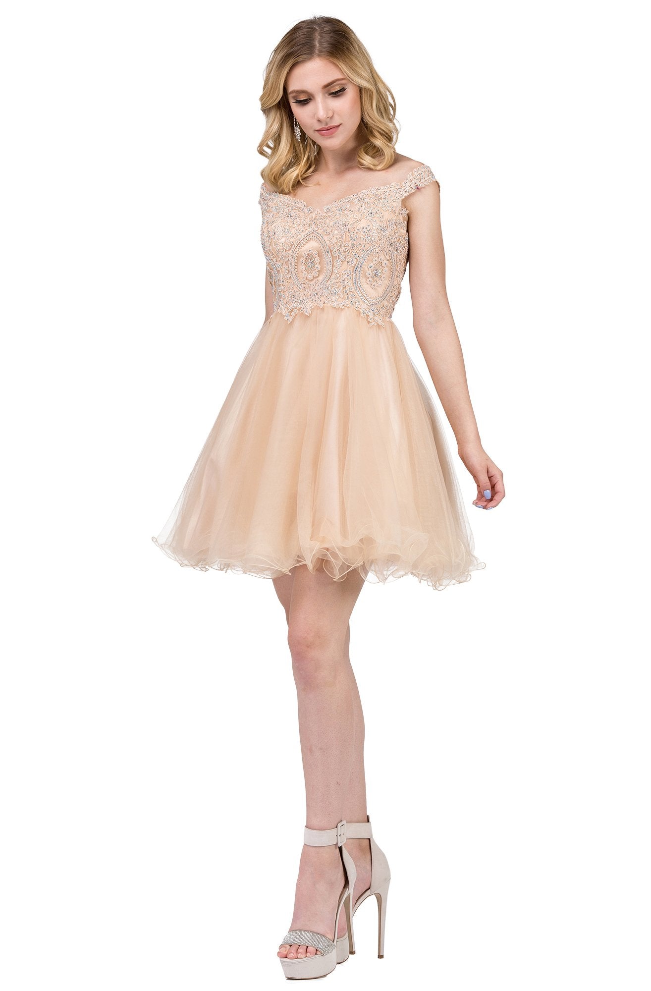 Dancing Queen - 3070 Beaded Lace Fit And Flare Cocktail Dress In Neutral and Yellow
