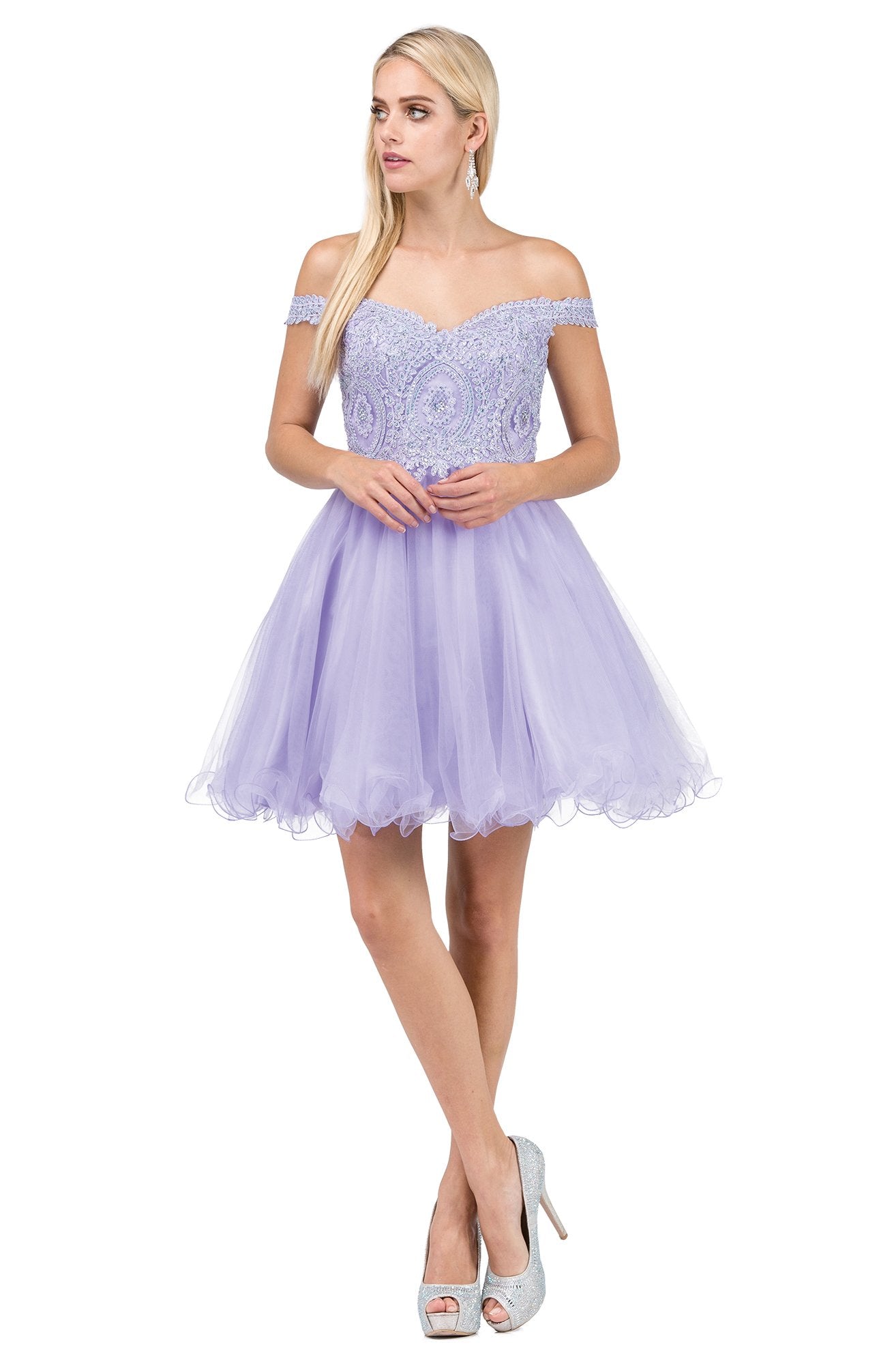 Dancing Queen - 3070 Beaded Lace Fit And Flare Cocktail Dress In Purple
