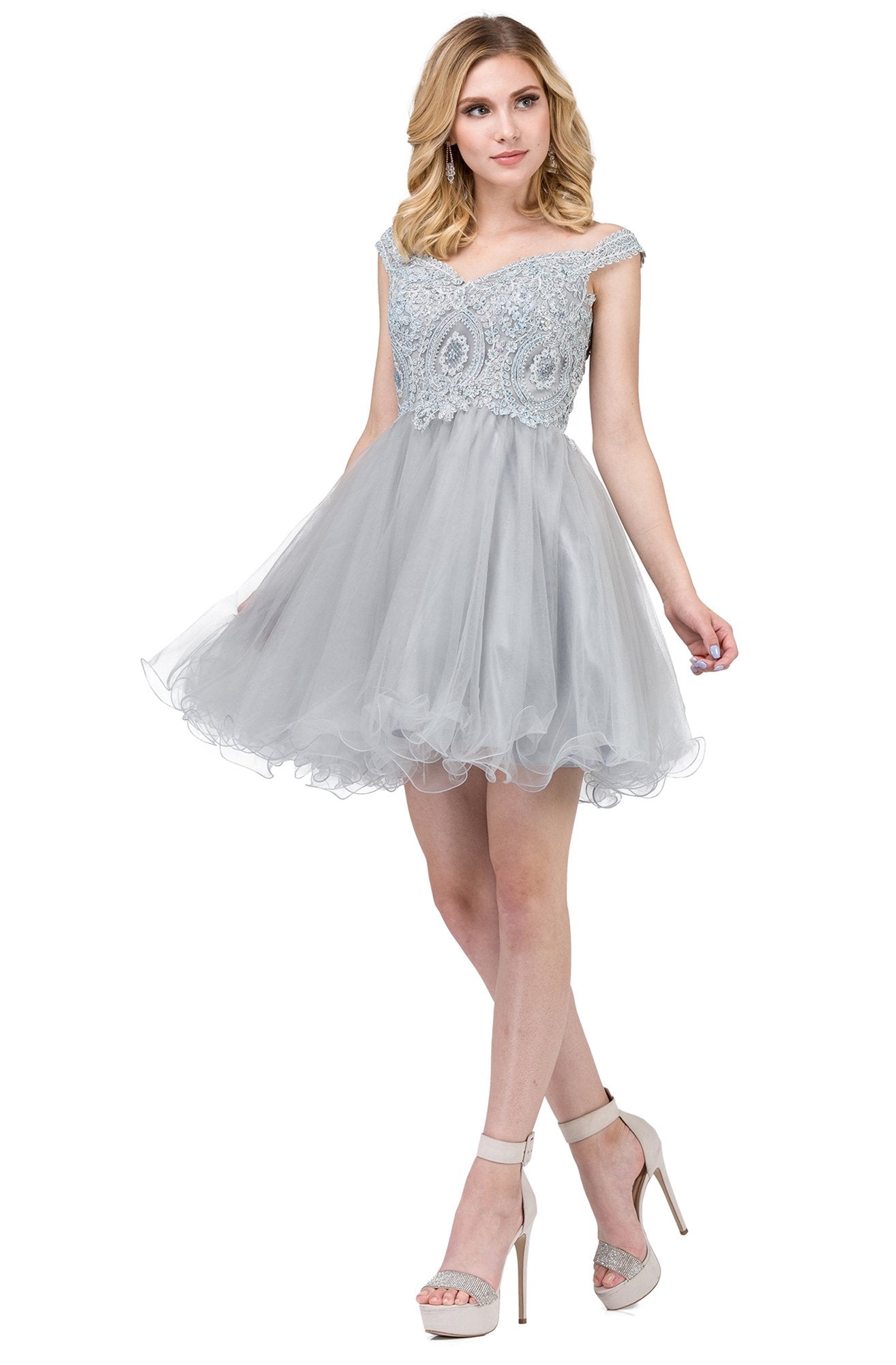 Dancing Queen - 3070 Beaded Lace Fit And Flare Cocktail Dress In Silver