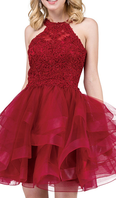 Dancing Queen - 3078 Halter Lace Top and Tulle Skirt Cocktail Dress In Red