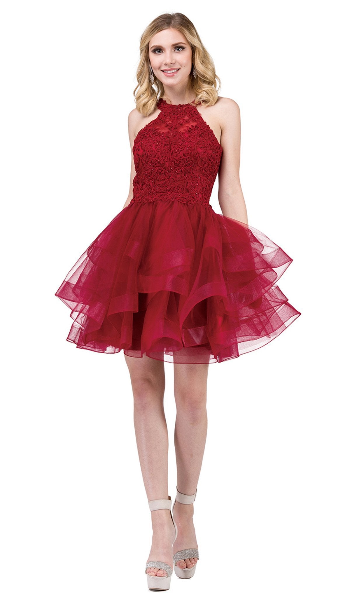Dancing Queen - 3078 Halter Lace Top and Tulle Skirt Cocktail Dress In Red