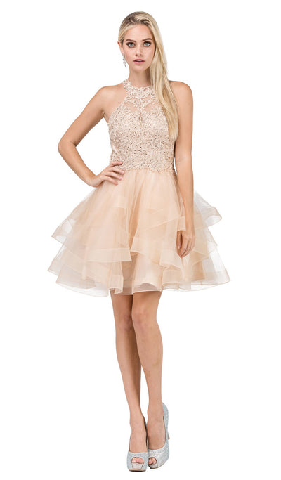 Dancing Queen - 3078 Halter Lace Top and Tulle Skirt Cocktail Dress In Nude