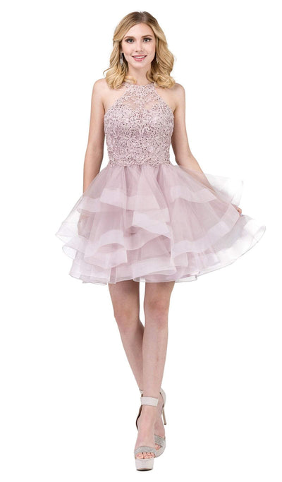 Dancing Queen - 3078 Halter Lace Top and Tulle Skirt Cocktail Dress In Pink
