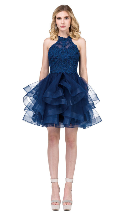 Dancing Queen - 3078 Halter Lace Top and Tulle Skirt Cocktail Dress In Blue