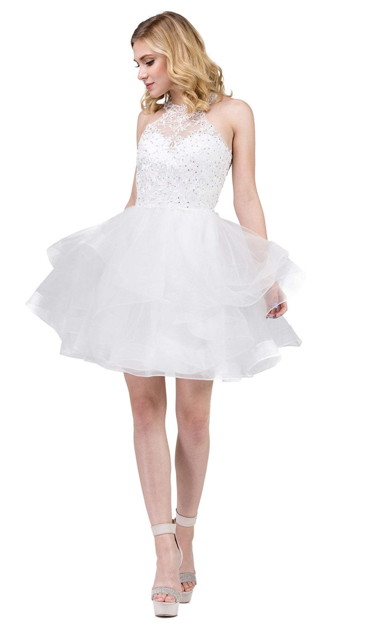 Dancing Queen - 3078 Halter Lace Top and Tulle Skirt Cocktail Dress In White
