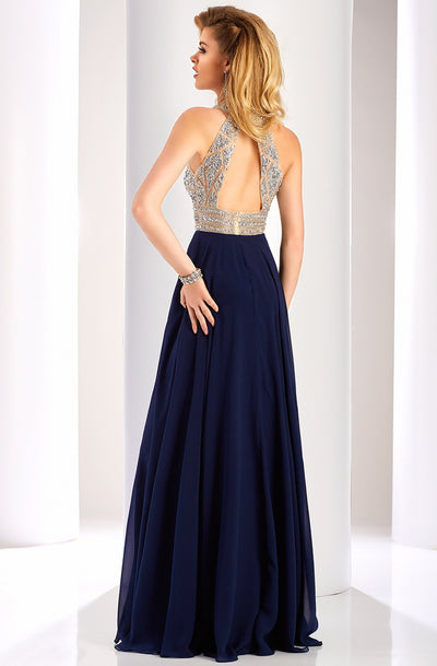 Clarisse - 3087 Geo-Embellished Halter Cutout Gown In Blue