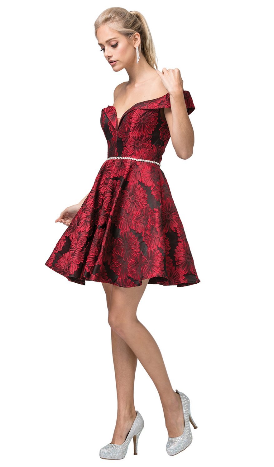 Dancing Queen - 3096 Floral Off-Shoulder A-Line Dress In Red