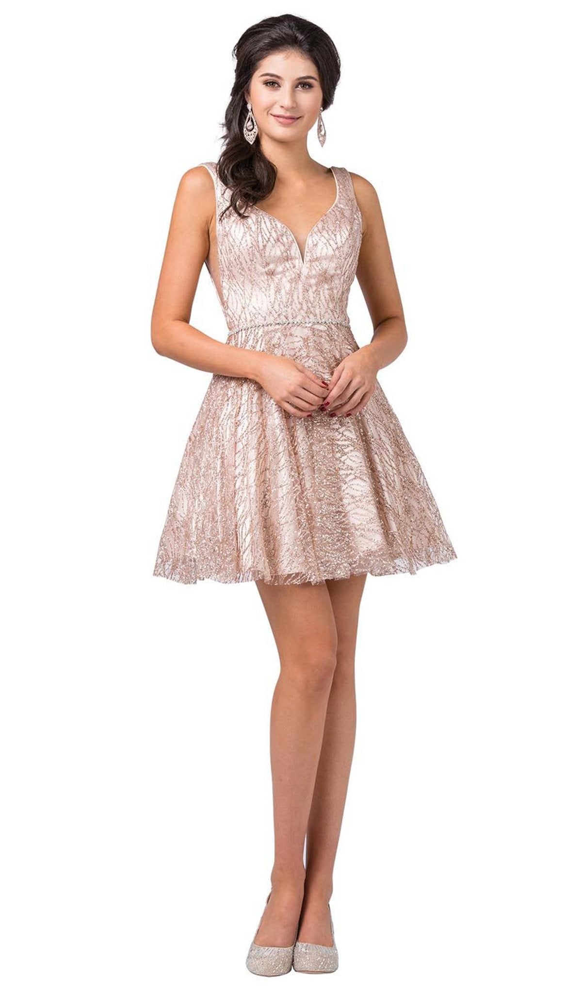 Dancing Queen - 3103 Glitter Mesh Fit and Flare Cocktail Dress In Pink and Gold