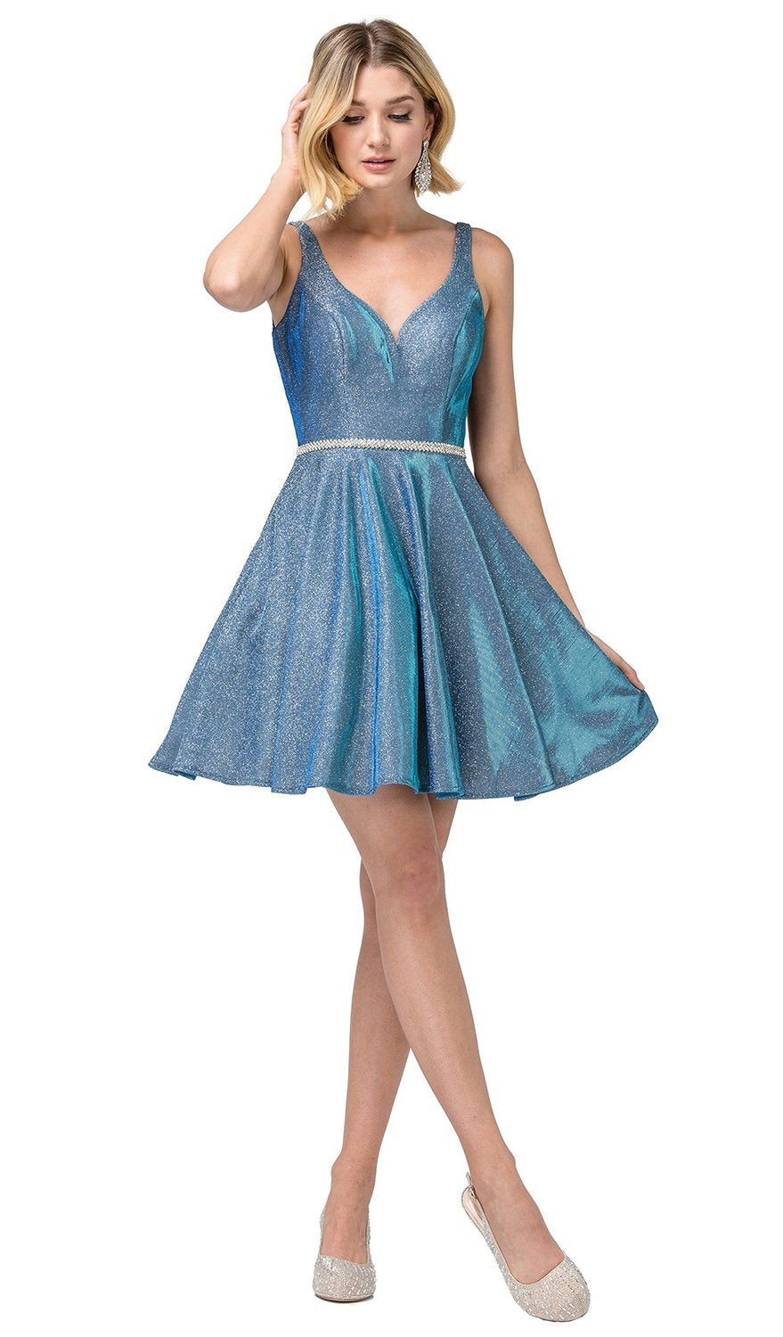 Dancing Queen - 3142 V-Neck Pleated A-Line Cocktail Dress In Blue