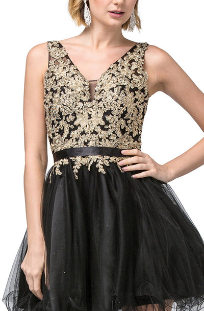 Dancing Queen - 3150 Appliqued Lace Bodice Tulle Dress In Black and Gold