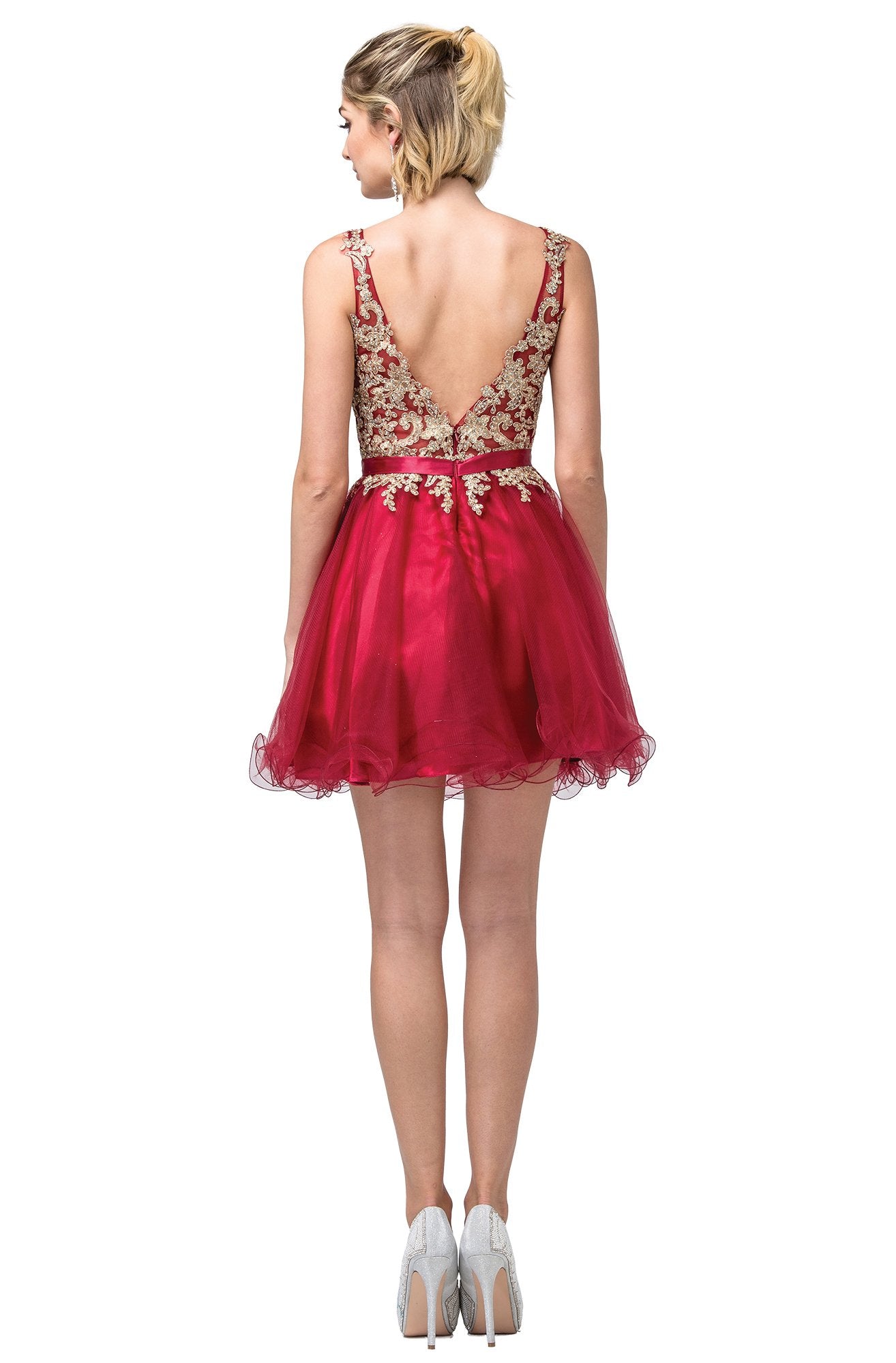Dancing Queen - 3150 Appliqued Lace Bodice Tulle Dress In Red and Gold