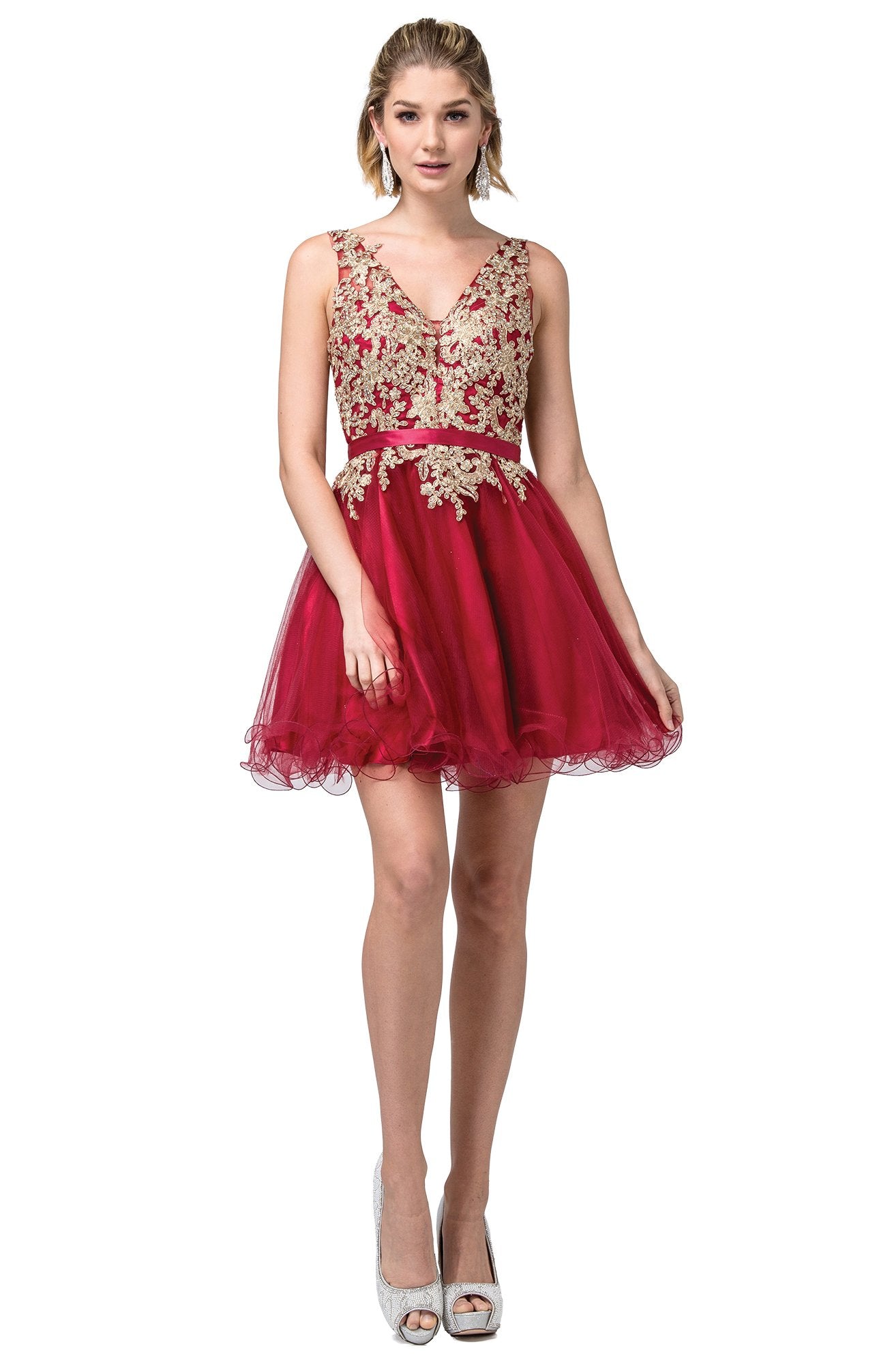 Dancing Queen - 3150 Appliqued Lace Bodice Tulle Dress In Red and Gold