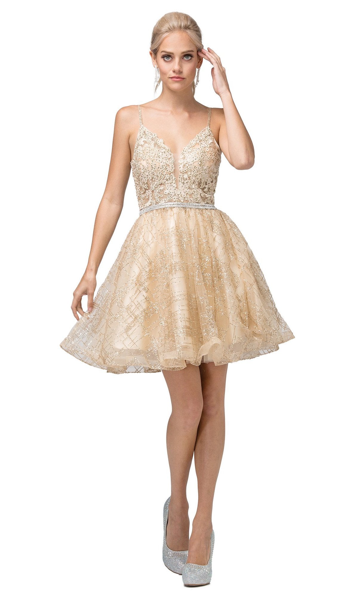 Dancing Queen - 3152 Embroidered Deep V-neck A-line Dress In Gold