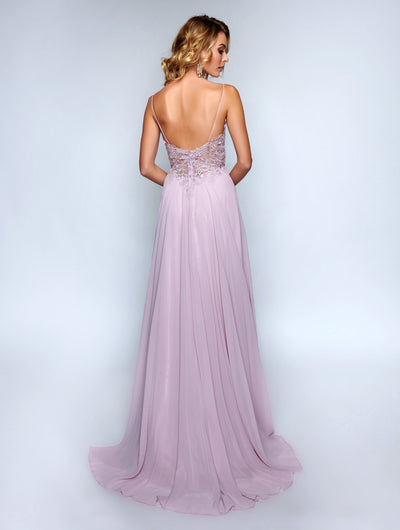 Nina Canacci - 3153 Spaghetti Strap Lace Bodice A Line Evening Gown In Neutral and Purple