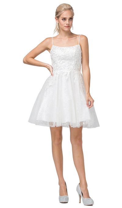 Dancing Queen - 3158 Embroidered Foliage Short A-Line Dress In White