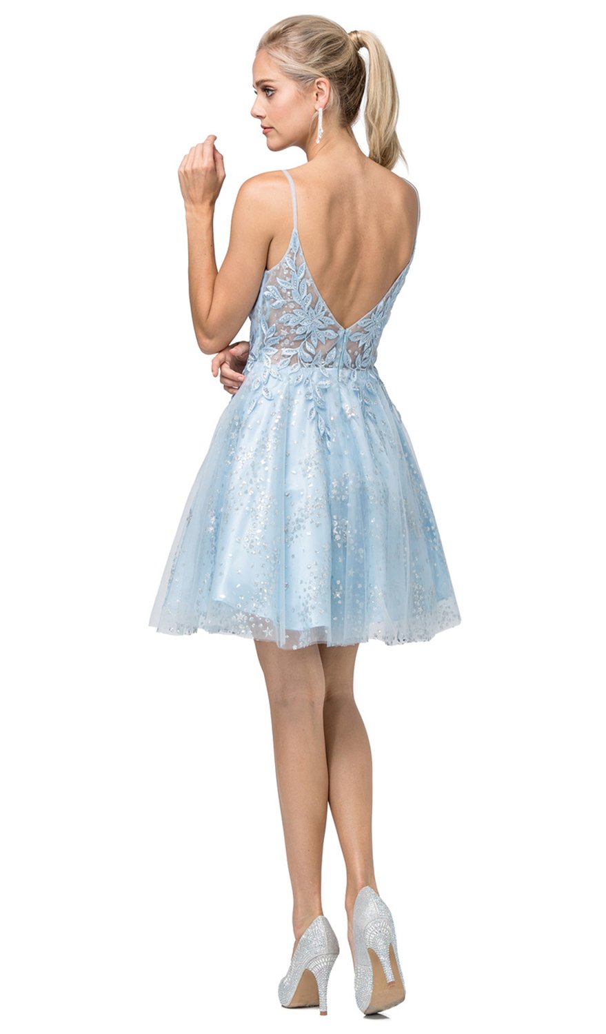 Dancing Queen - 3158 Embroidered Foliage Short A-Line Dress In Blue