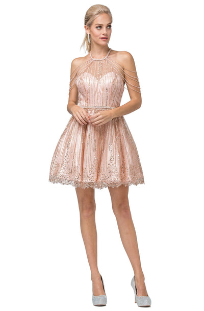 Dancing Queen - 3174 Embellished Halter Neck A-line Dress In Pink