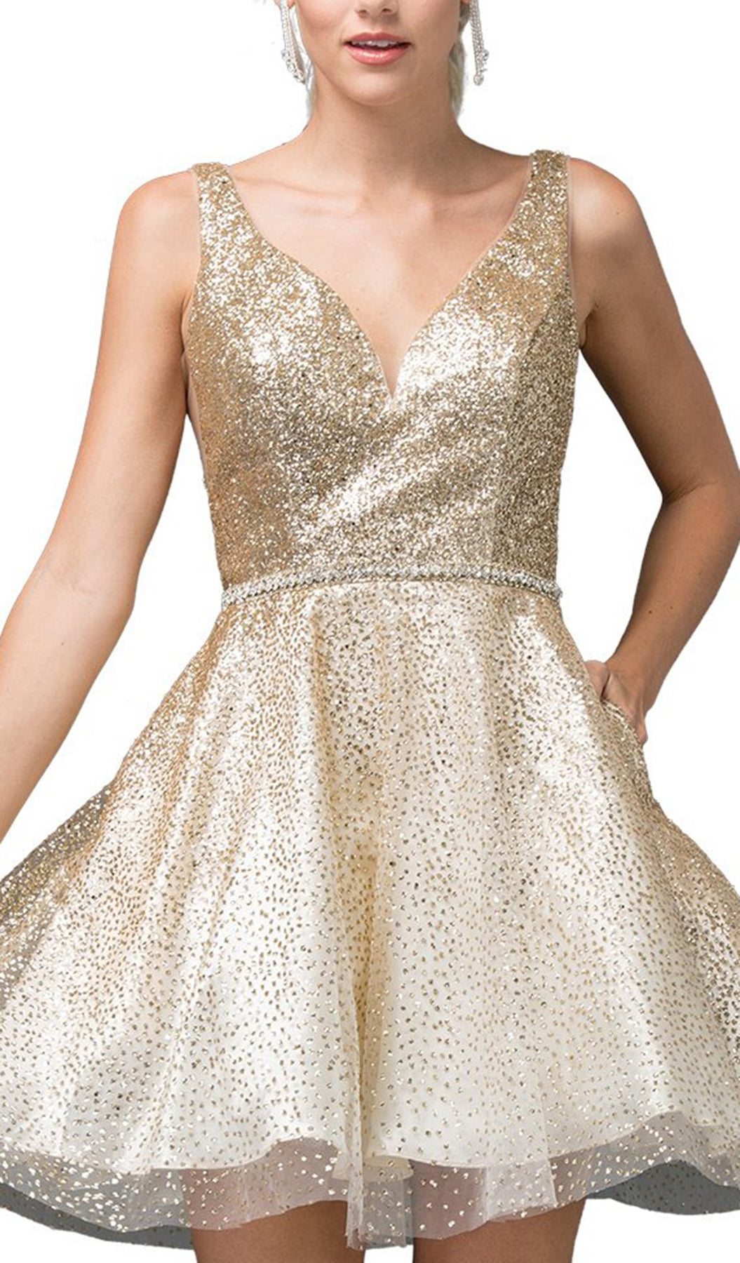 Dancing Queen - 3178 Embellished V-neck A-line Dress In Gold