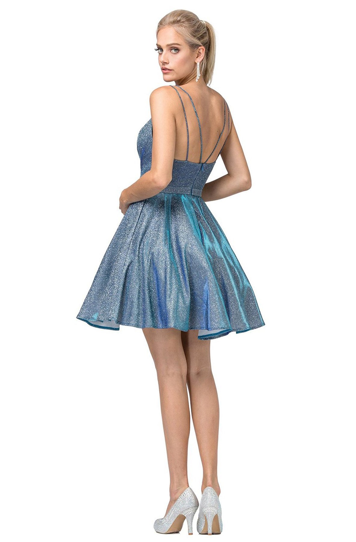Dancing Queen - 3183 Ruched V-Neck A-Line Short Dress In Blue