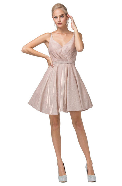 Dancing Queen - 3183 Ruched V-Neck A-Line Short Dress In Pink and Gold