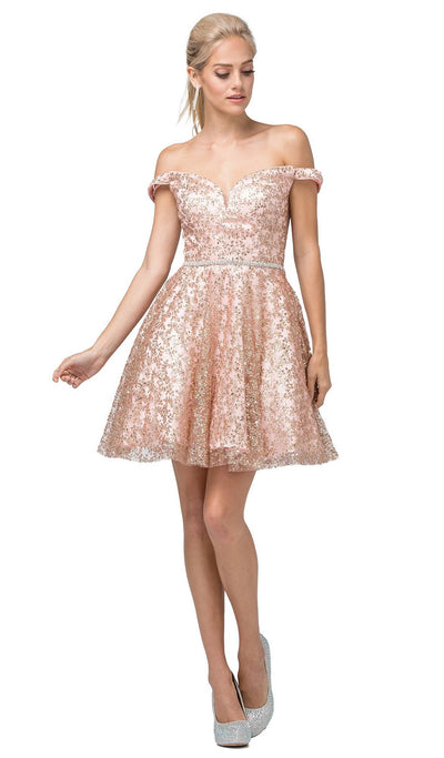 Dancing Queen - 3184 Embellished Plunging Off-Shoulder A-line Dress In Pink