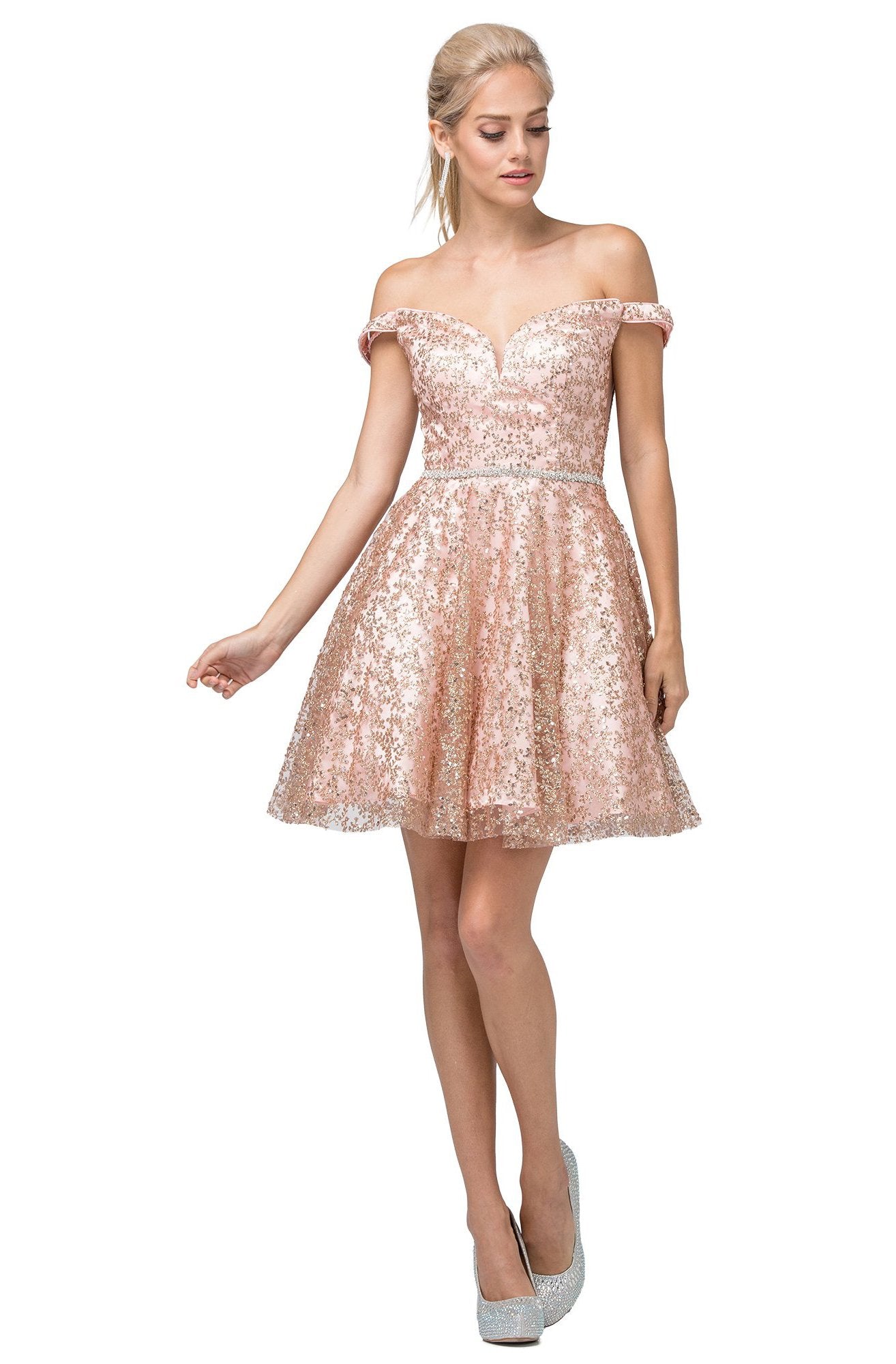 Dancing Queen - 3184 Embellished Plunging Off-Shoulder A-line Dress In Pink
