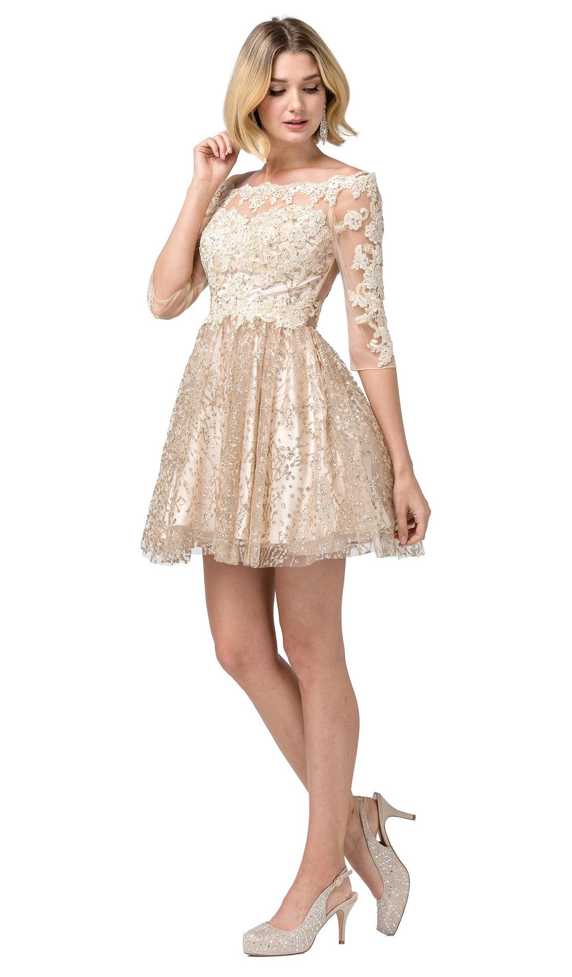 Dancing Queen - 3198 Embroidered Off-Shoulder A-line Dress In Gold