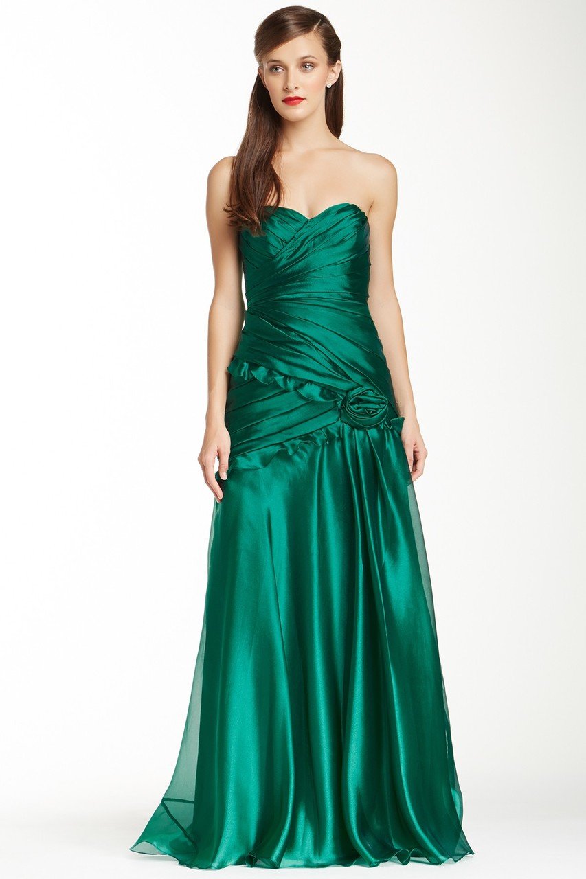 Theia - 881527 Strapless Rosette Detail Pleated Organza Gown in Green