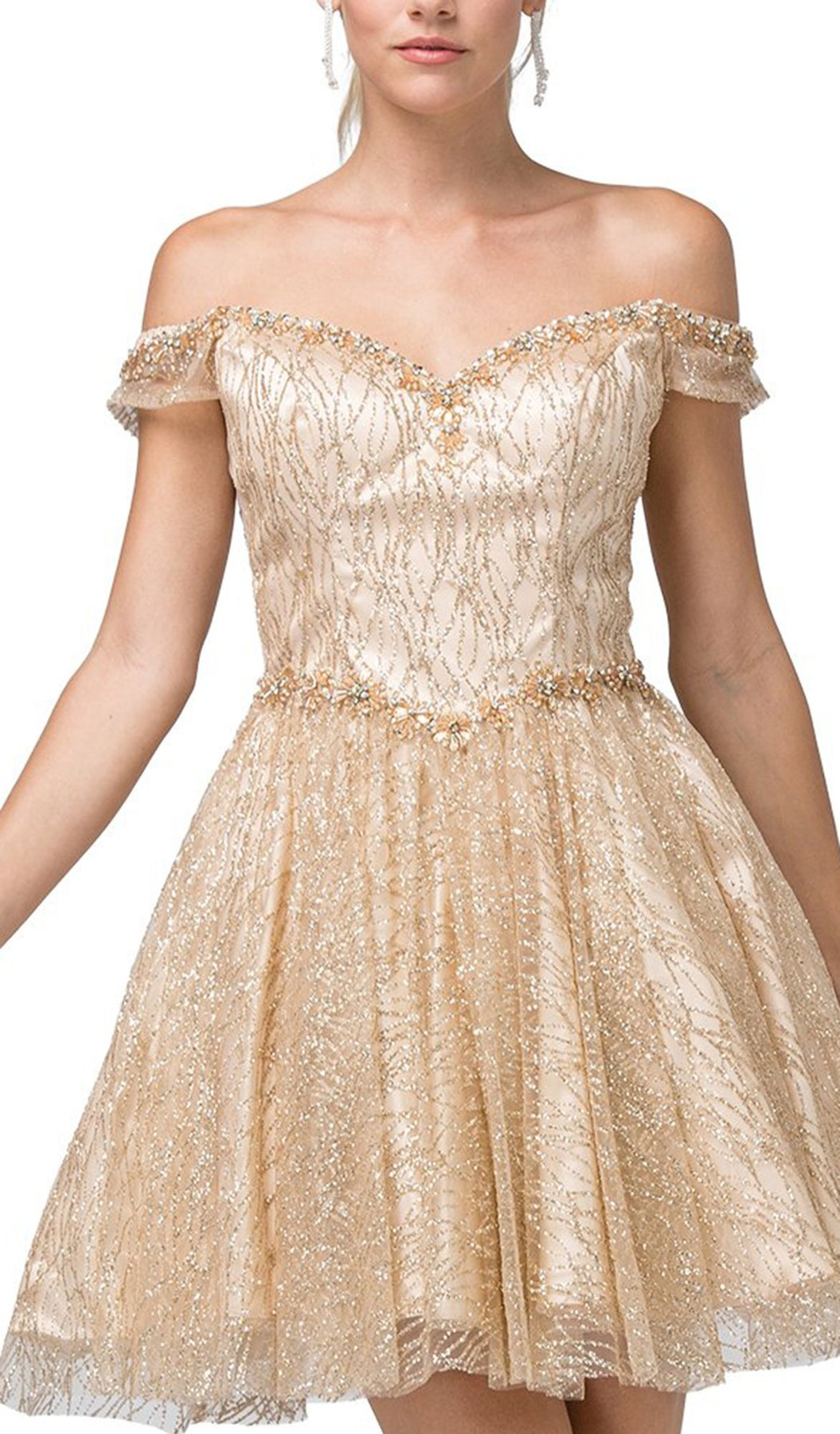 Dancing Queen - 3199 Embellished Off-Shoulder A-line Dress In Gold