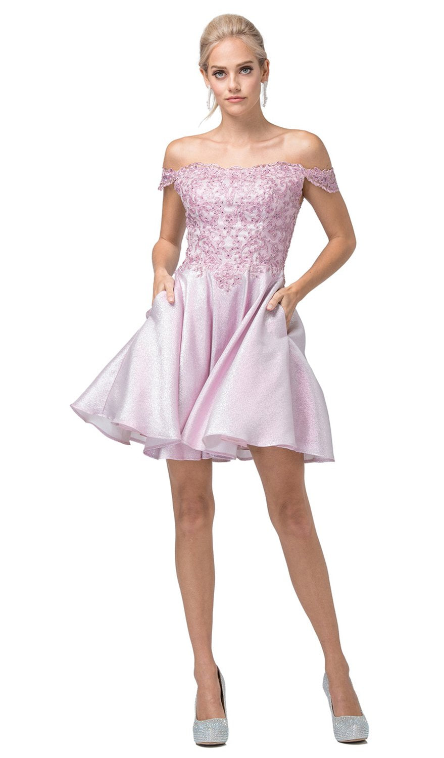 Dancing Queen - 3203 Appliqued Bodice Off Shoulder A-Line Dress In Pink