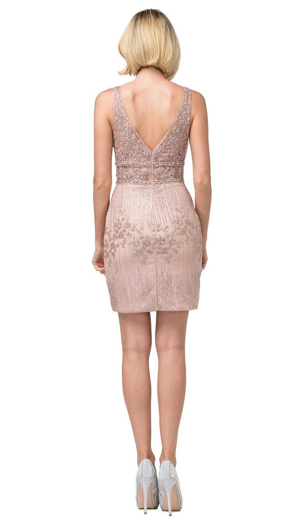 Dancing Queen - 3210 Beaded Sleeveless V Neck Cocktail Dress In Pink and Gold