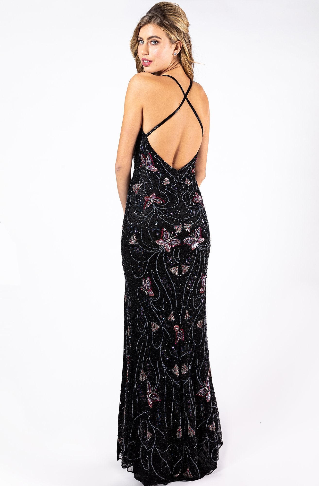 Primavera Couture - Beaded Butterfly Motif Dress with Slit 3258 In Black