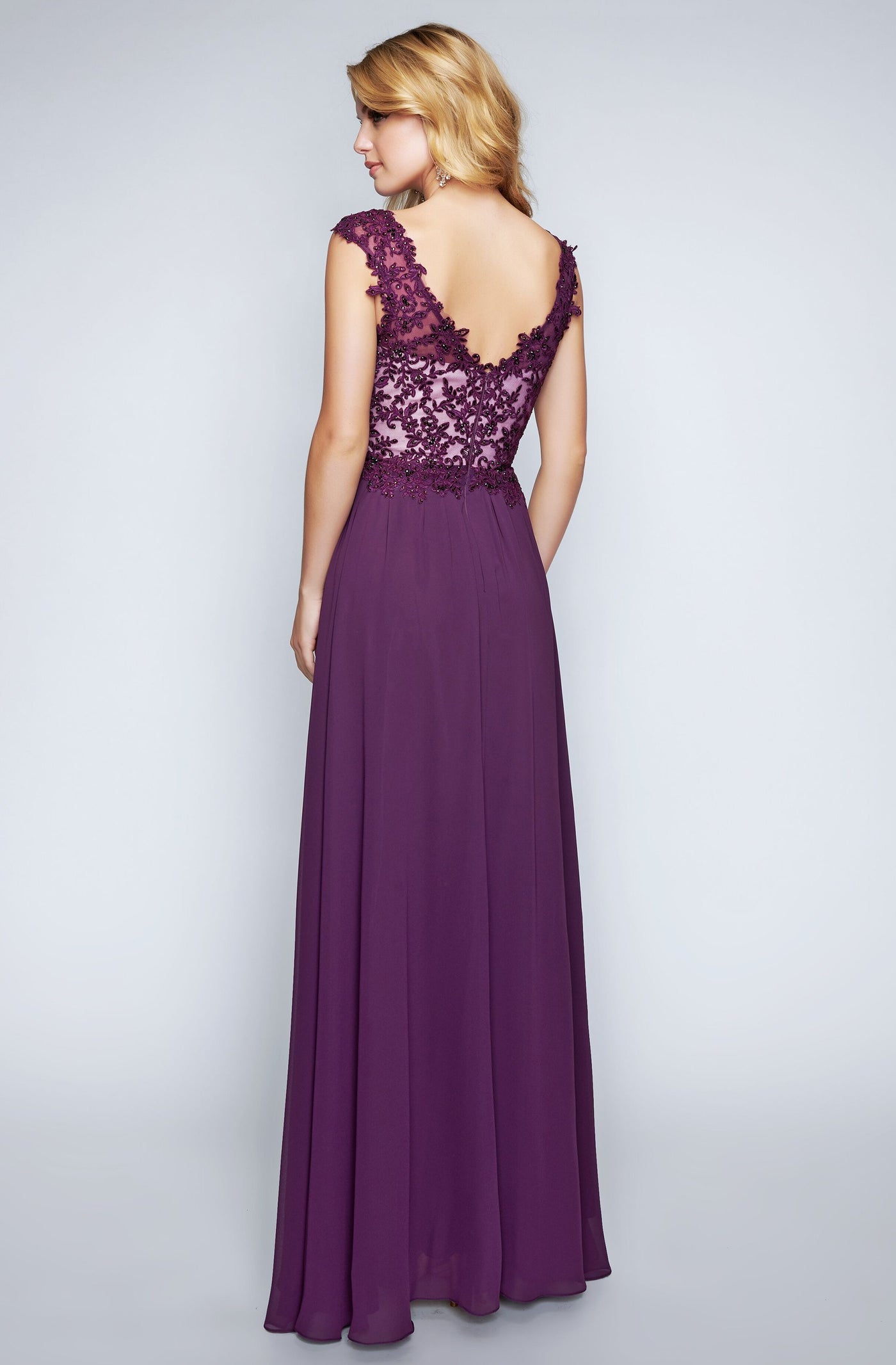 Nina Canacci - 1449 Embellished Lace Bodice A Line Gown in Plum