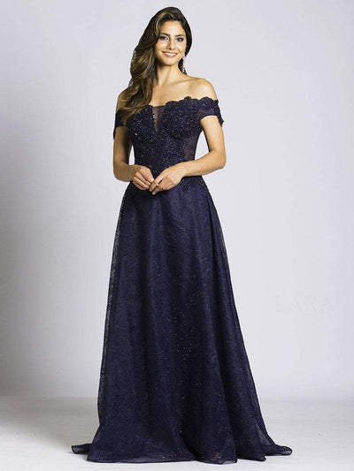 Lara Dresses - 33493 Beaded Off Shoulder Evening Gown In Blue