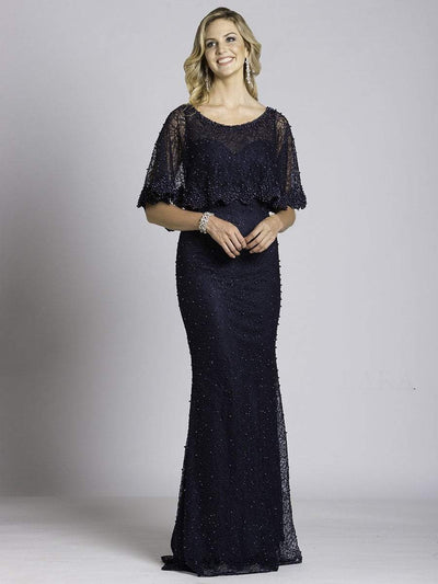 Lara Dresses - Scoop Capelet Overlay Evening Gown 33498 In Blue