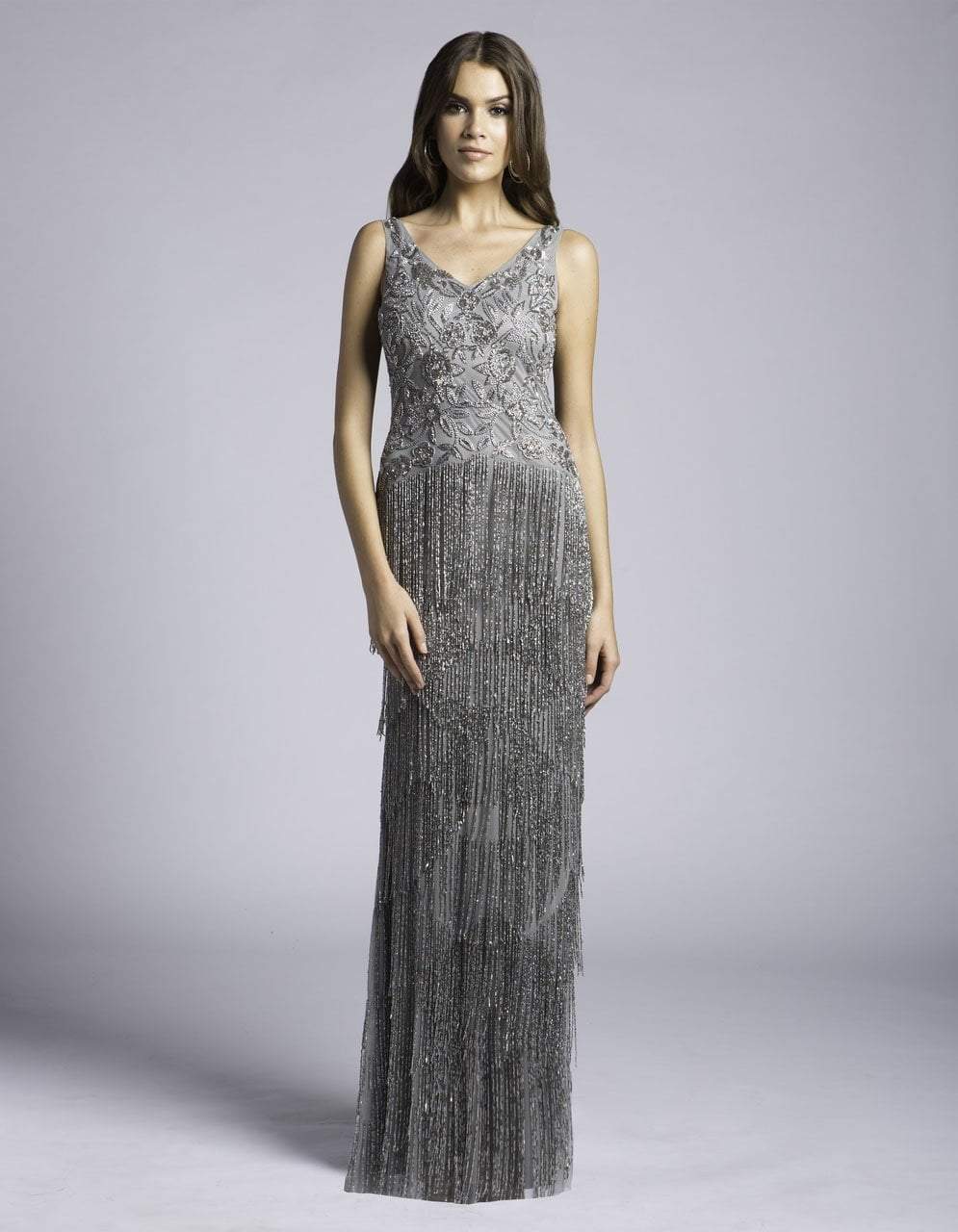 Lara Dresses - 33614 Embellished V-neck Fringed Gown In Gray