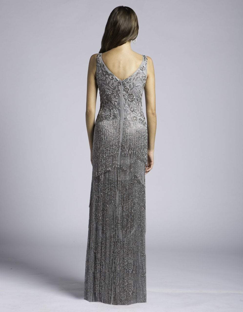Lara Dresses - 33614 Embellished V-neck Fringed Gown In Gray
