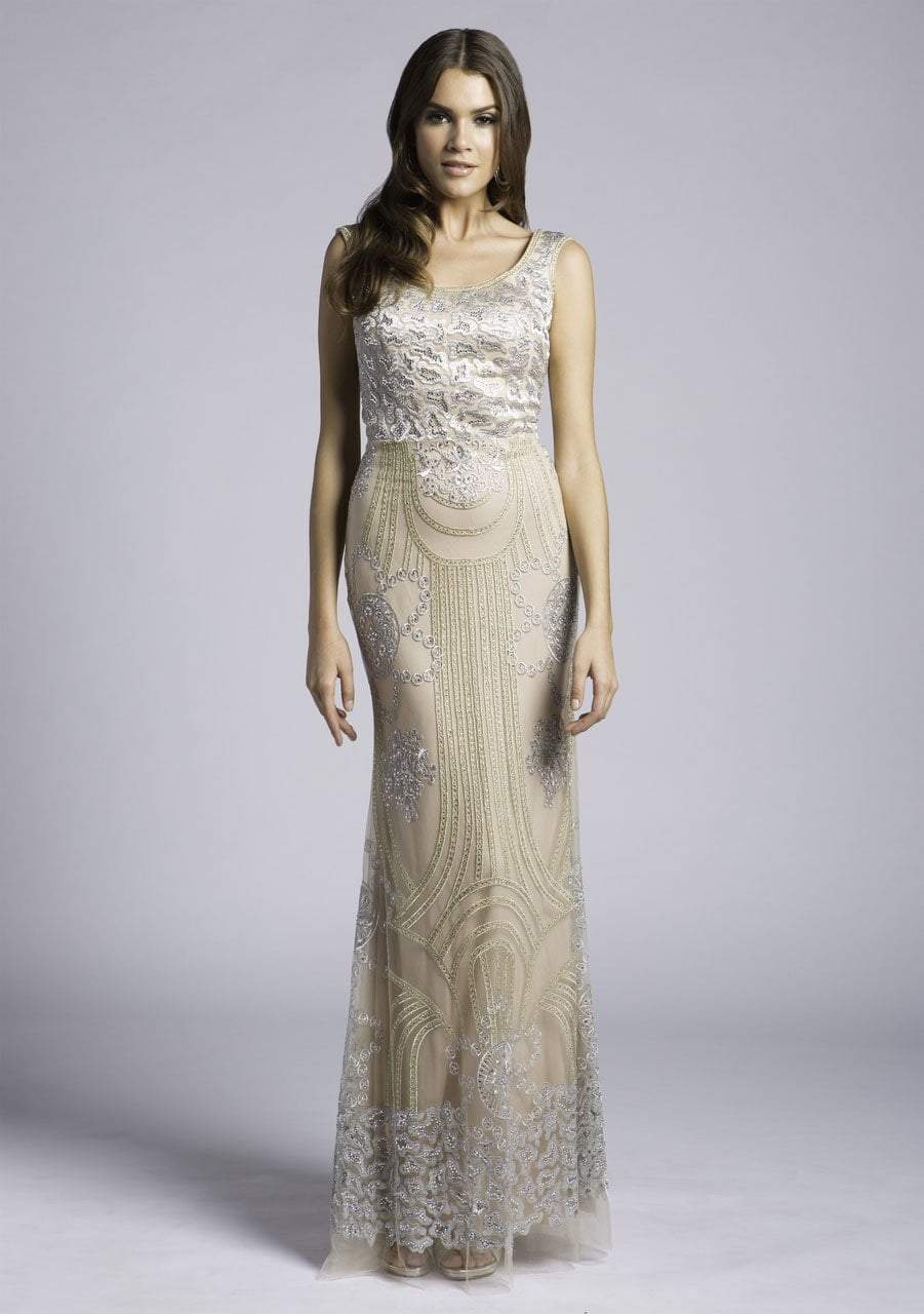 Lara Dresses - 33622 Scoop Neck Embellished Sheath Gown In Silver and Neutral