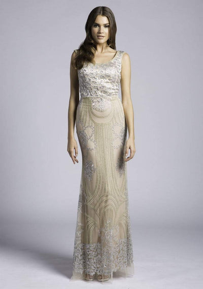 Lara Dresses - 33622 Scoop Neck Embellished Sheath Gown In Silver and Neutral