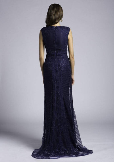 Lara Dresses - 33628 V-neck Beaded Sheath Gown In Blue