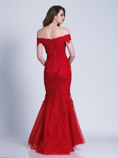 Dave & Johnny - 3377SC Folded Off-Shoulder Lace Mermaid Dress