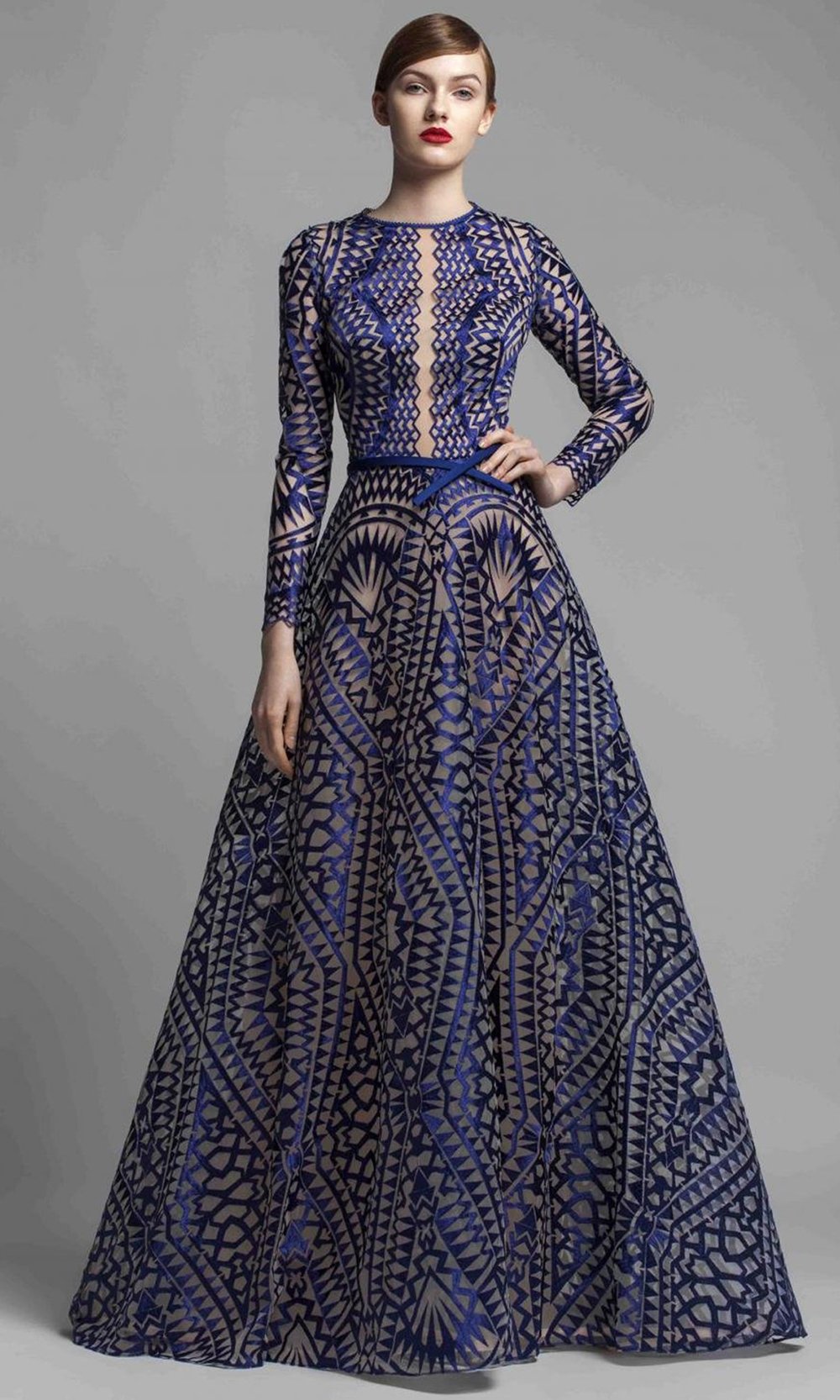 Beside Couture by Gemy - Geo Pattern Embroidery Long Sleeve Gown BC 1377 In Blue