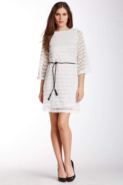 Sharagano - 4W4F164G5 Zigzag Textured Lace Sleeve Dress in White