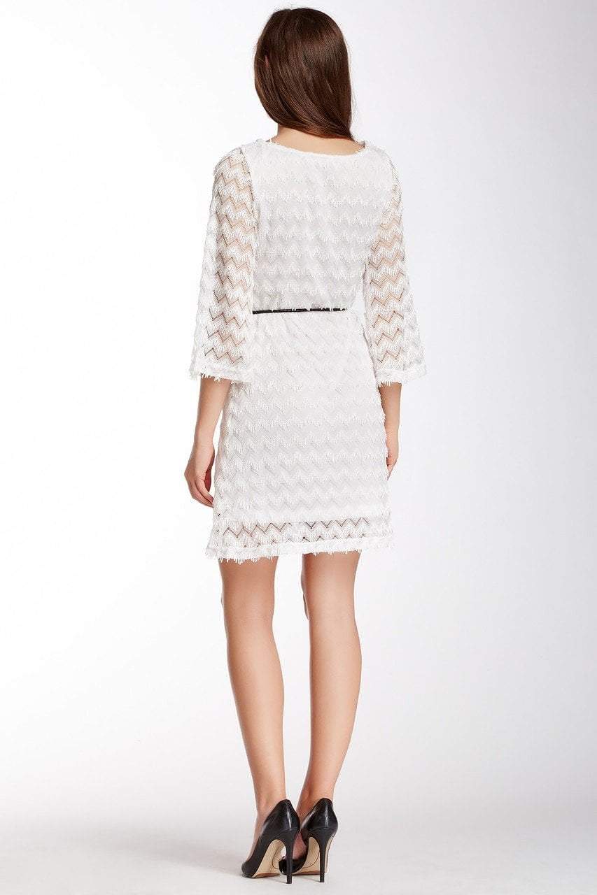 Sharagano - 4W4F164G5 Zigzag Textured Lace Sleeve Dress in White