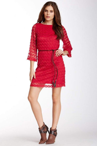 Sharagano - 4W4F164G5 Zigzag Textured Lace Sleeve Dress in Red